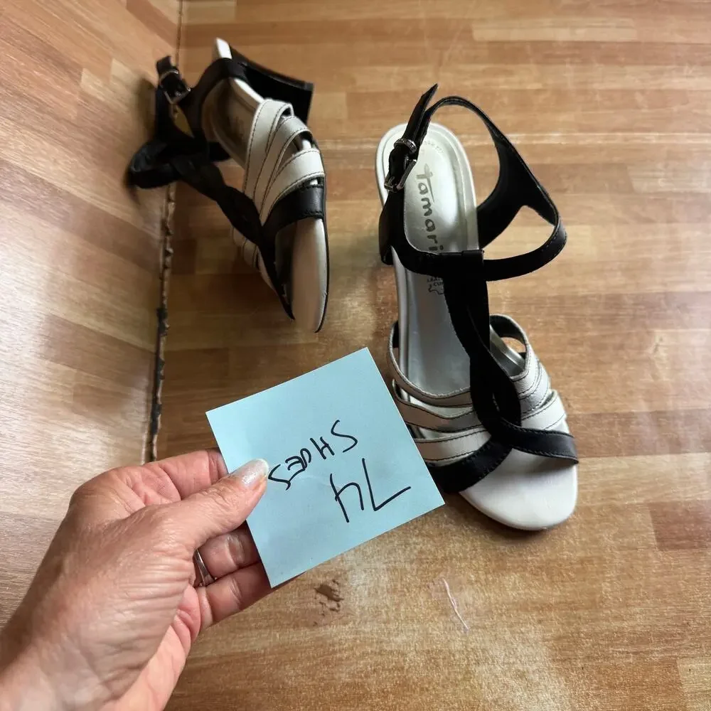 Tamaris Black & Silver Strappy Leather Slingback Sandals - Size 37 (US 6.5)